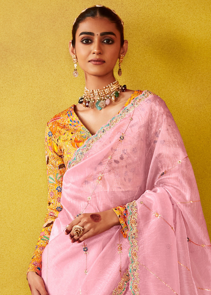 Soft Pink Glass Tissue Silk Saree With Sequins And Thread Embroidered Work