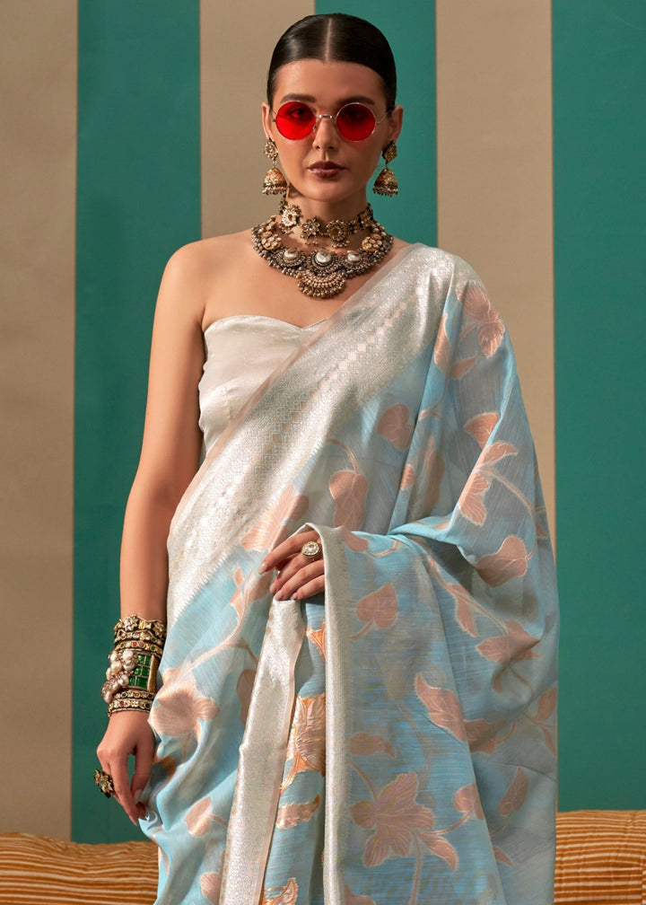 Light Blue Handloom Weaving Linen Saree