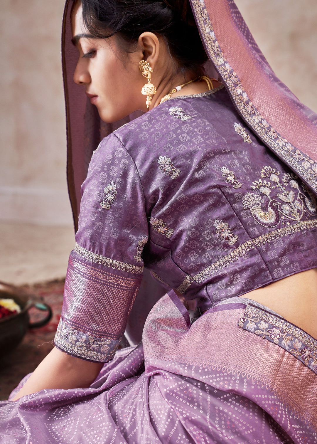 Lilac Purple Satin Silk Saree With Heavy Embroidery Lace & Blouse