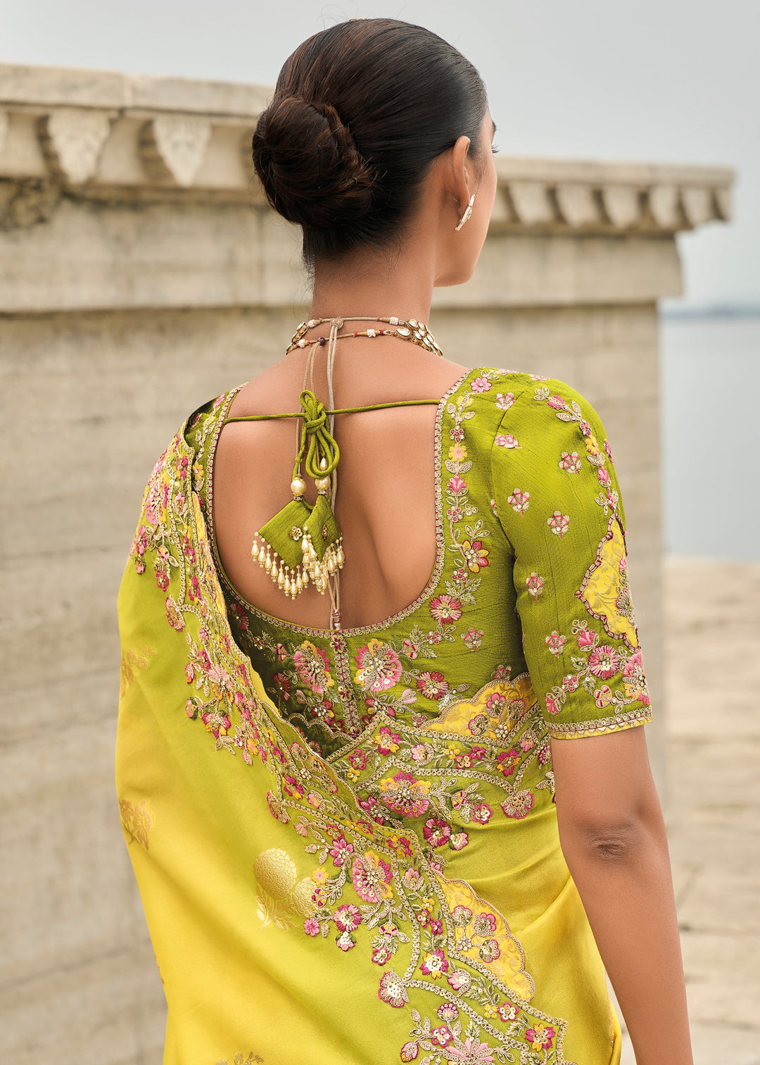 Bright Yellow Viscose Tissue Silk Saree With Embroidery Cut Work Border And Sequence Work