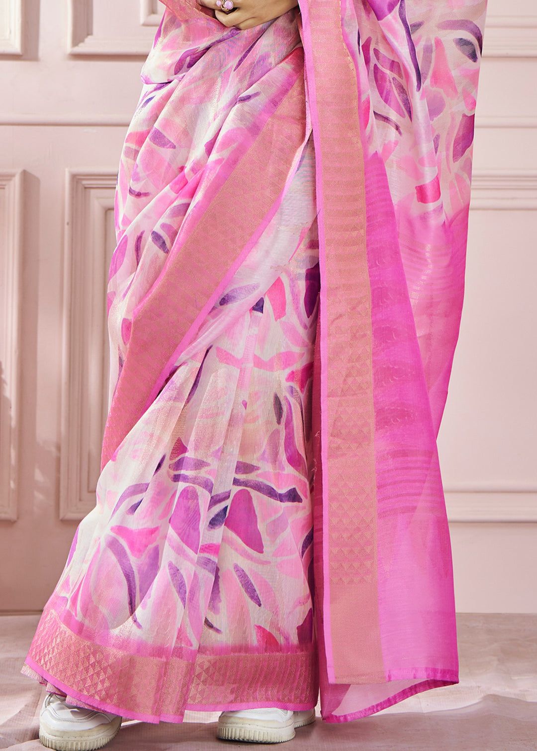 Baby Pink Soft Zari Based Modal Silk Saree With Beautiful Colorfull Print