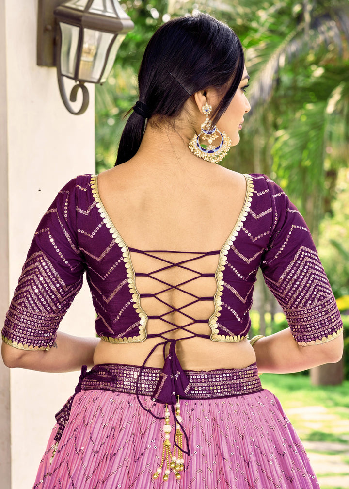 Plum Purple Chinon Silk Lehenga With Sequence and Thread Embroidery Work