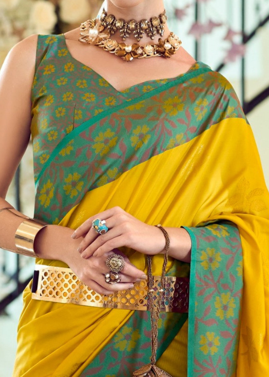 Aureolin Yellow Soft Silk Saree With Ikkat Border