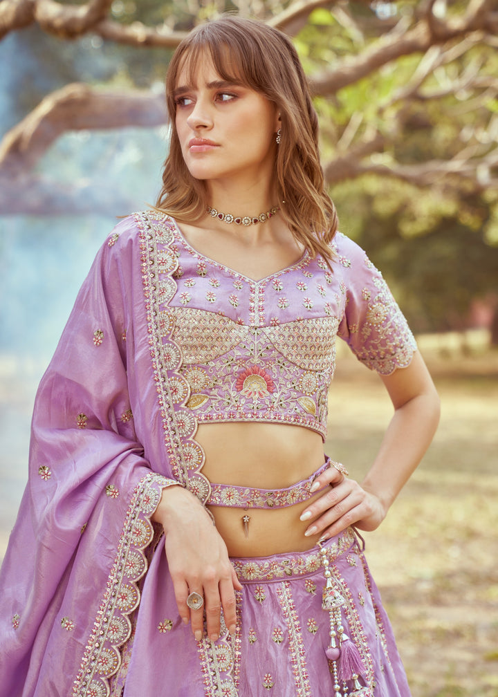 Lavender Gold crushed Tissue Fabric Moti, Zari work Lehenga