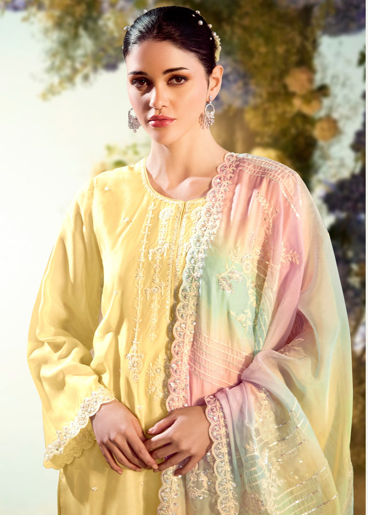 Pastel Yellow Modale Silk Salwar Suit with Embroidery