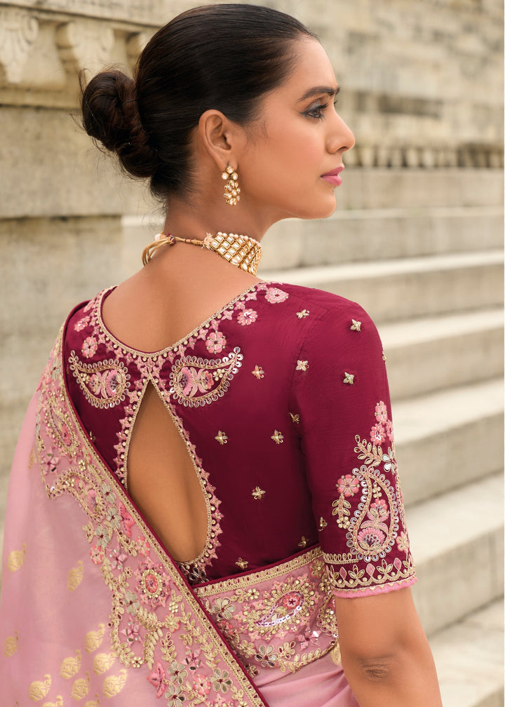 Light Pink Viscose Tissue Silk Saree With Embroidery Cut Work Border And Sequence Work