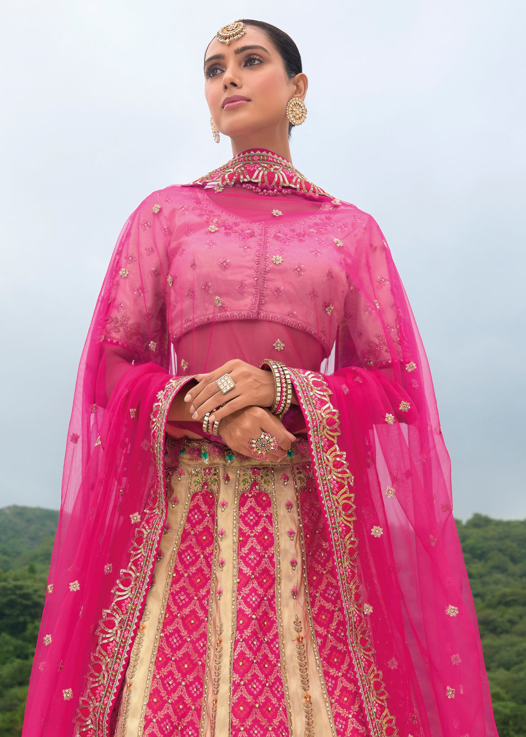 Off White And Pink Banarasi Silk Lehenga With Heavy Embroidery Work