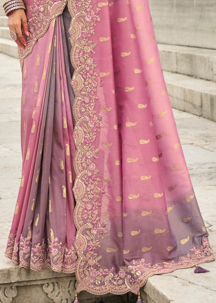 Mauve Purple And Pink Viscose Tissue Silk Saree With Embroidery Cut Work Border And Sequence Work