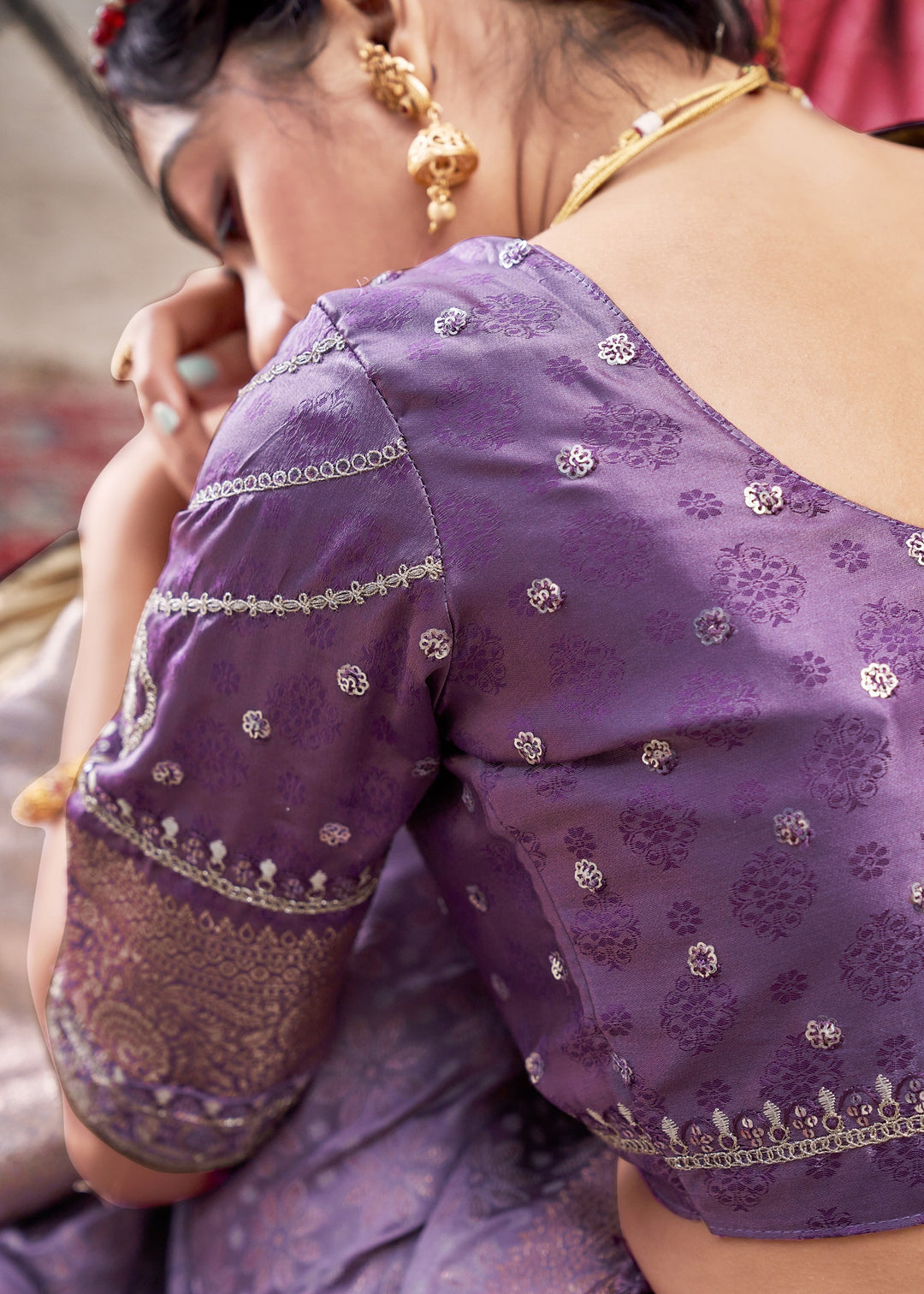 Dark Purple Satin Silk Saree With Heavy Embroidery Lace & Blouse