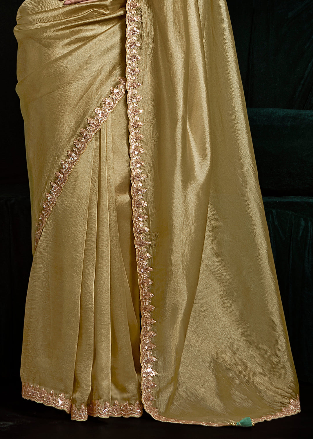 Golden Fancy Fabric Silk Saree With Sequins And Thread Embroidered Butti Work