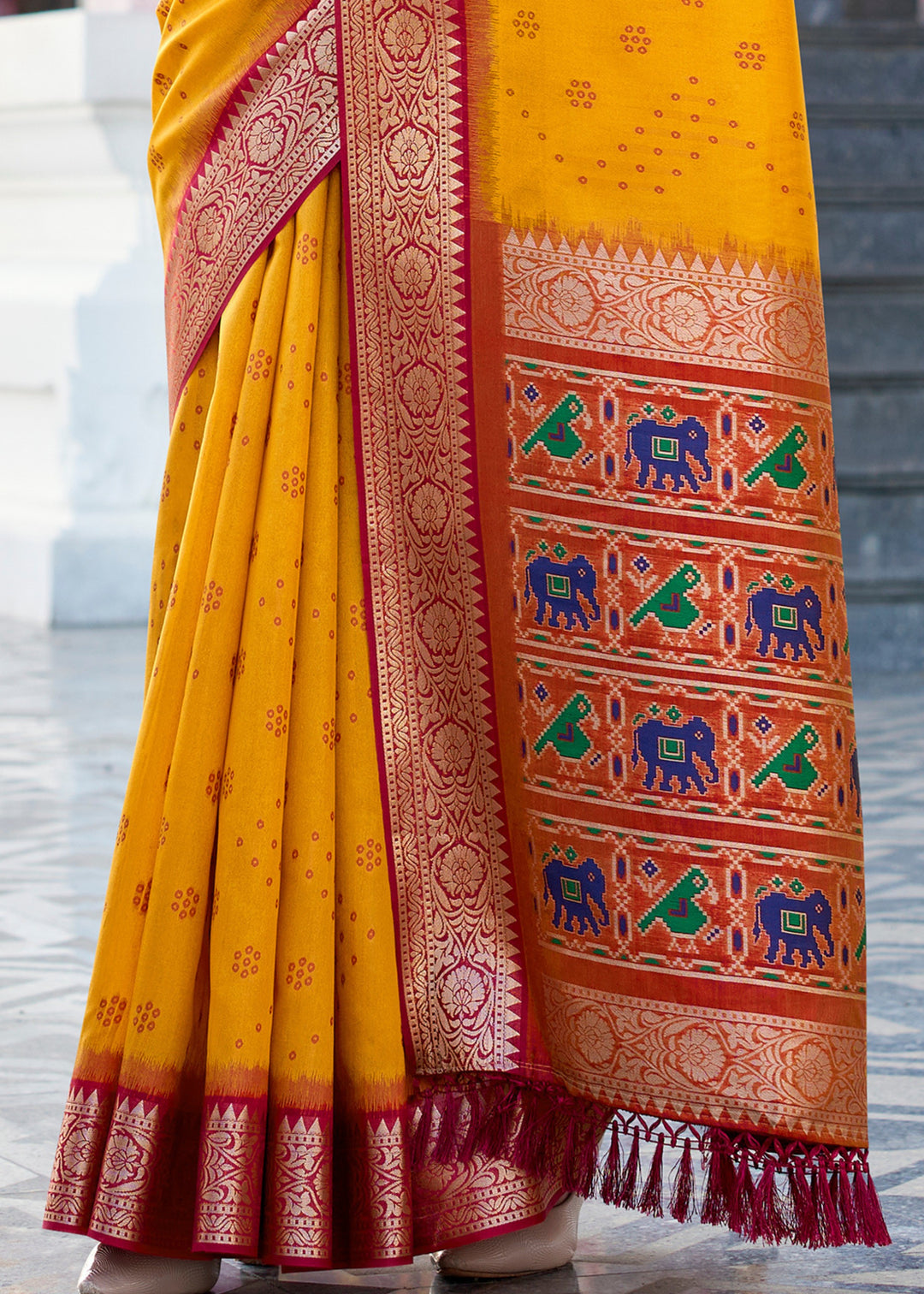 Saffron Yellow Tusser Handloom Silk Saree With Zari Weaving Border & Patola Weaved Pallu