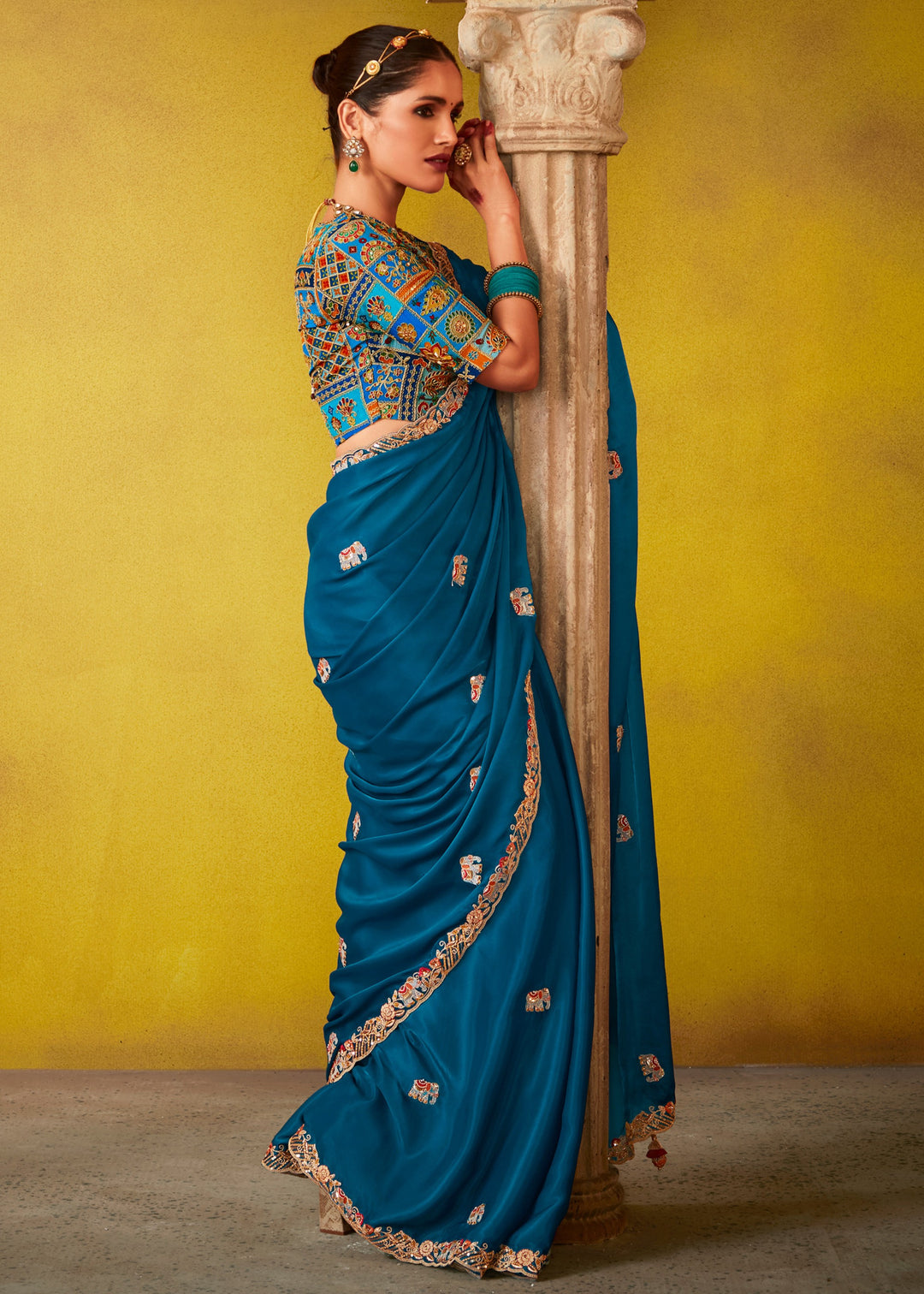 Teal Blue Glass Tissue Silk Saree With Sequins And Thread Embroidered Work