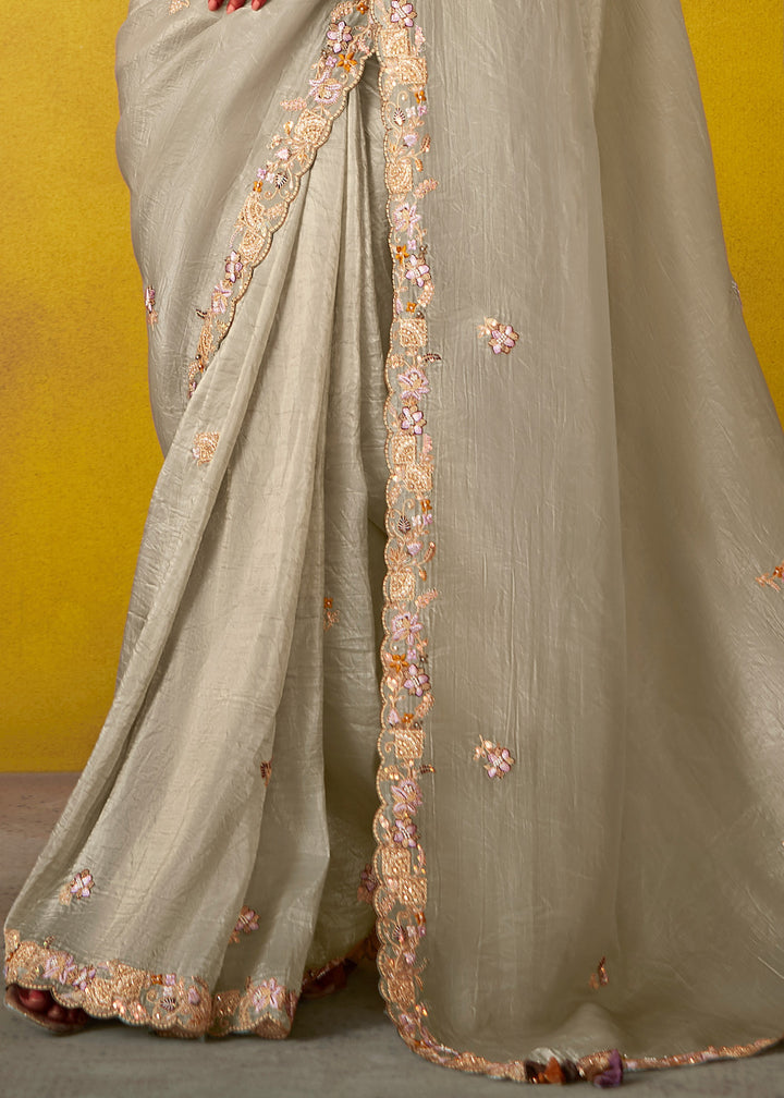 Rhino Grey Glass Tissue Silk Saree With Sequins And Thread Embroidered Work