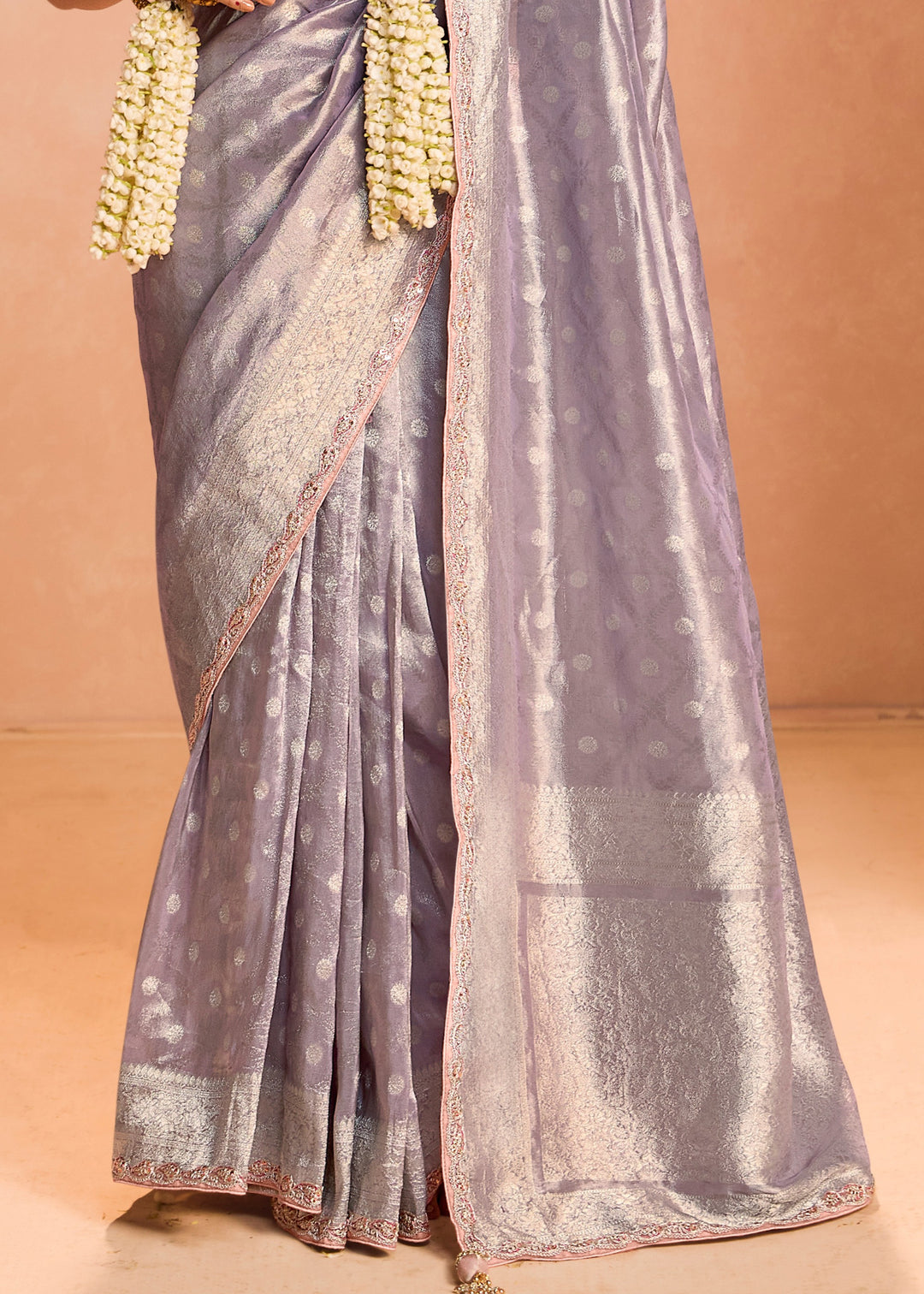 Periwinkle Purple Zari Tissue Silk Saree With Weaving Work And Heavy Embroidery Lace