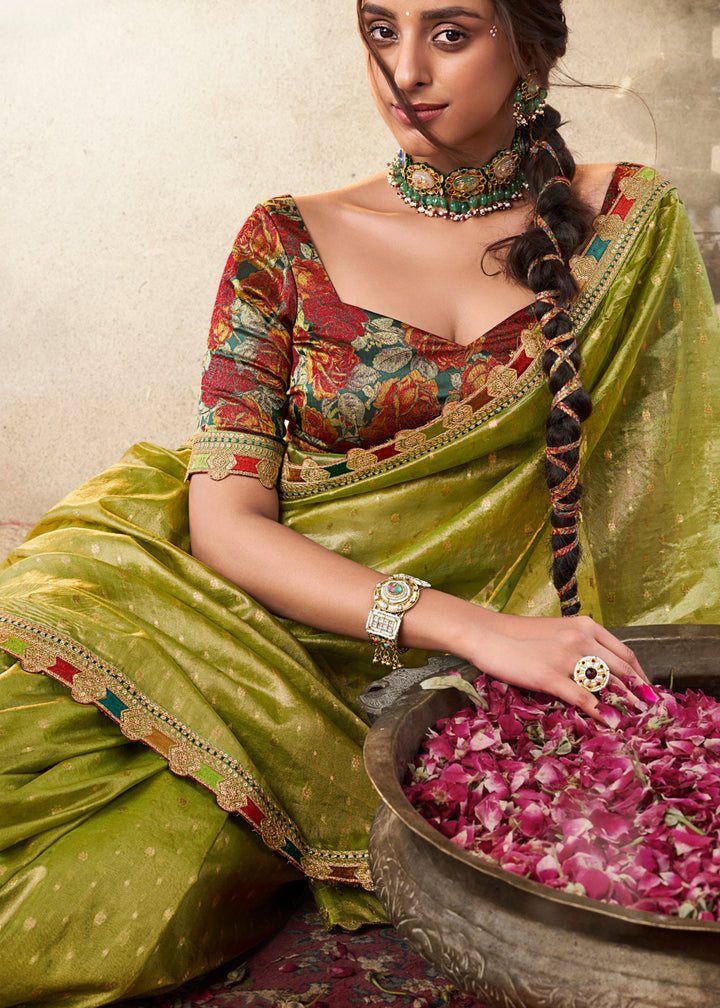 Apple Green Tissue Silk Saree With Multicolored Lace & Designer Blouse