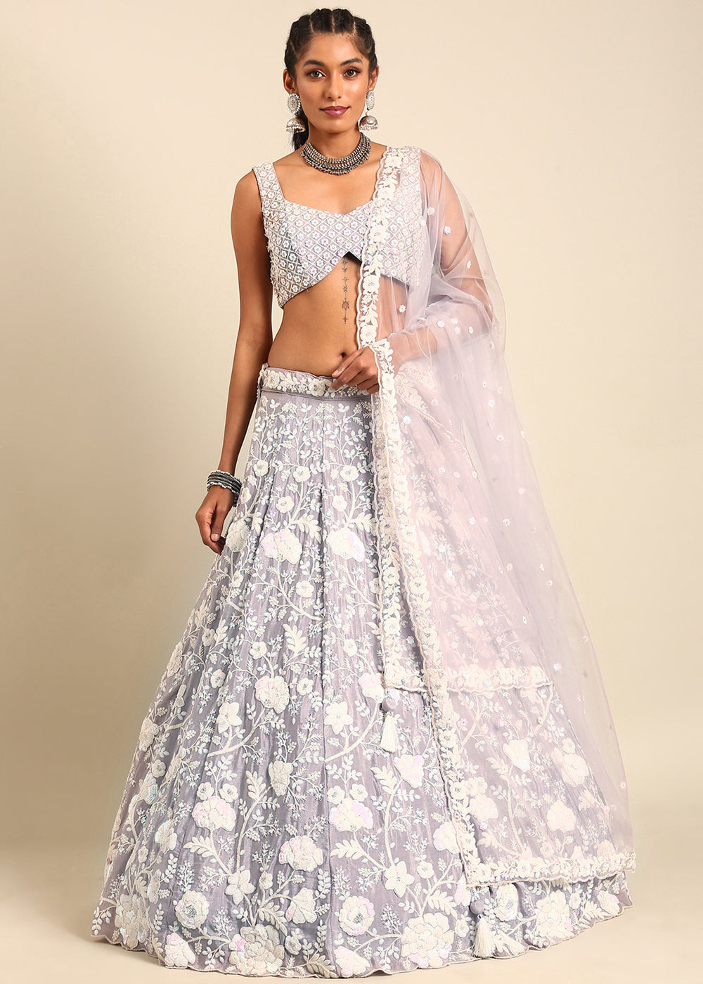 Silver Mauve Purple Georgette lehenga Choli with Sequins & Zarkan Embroidery