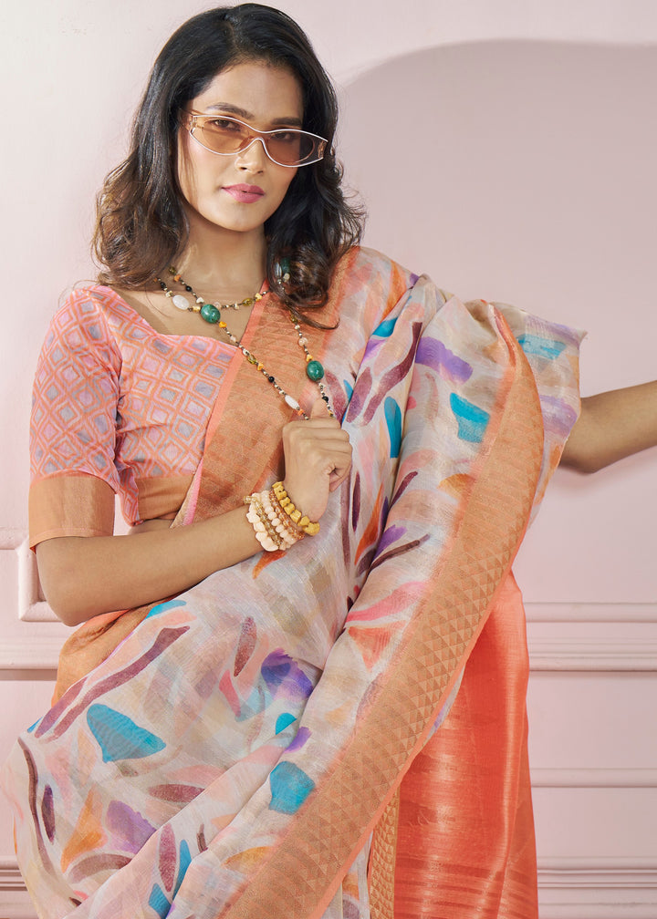 Candy Orange Soft Zari Based Modal Silk Saree With Beautiful Colorfull Print