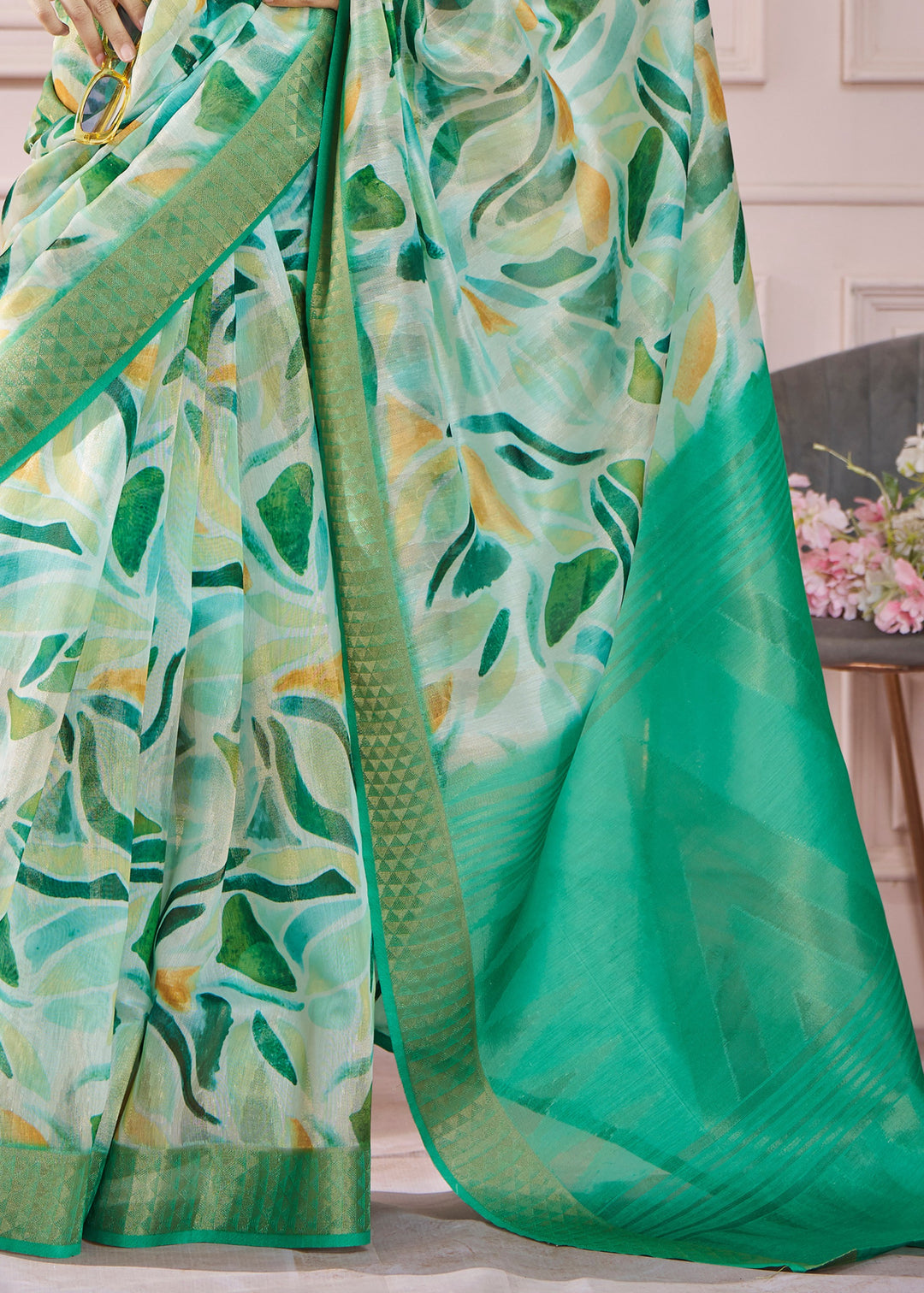 Mint Green Soft Zari Based Modal Silk Saree With Beautiful Colorfull Print