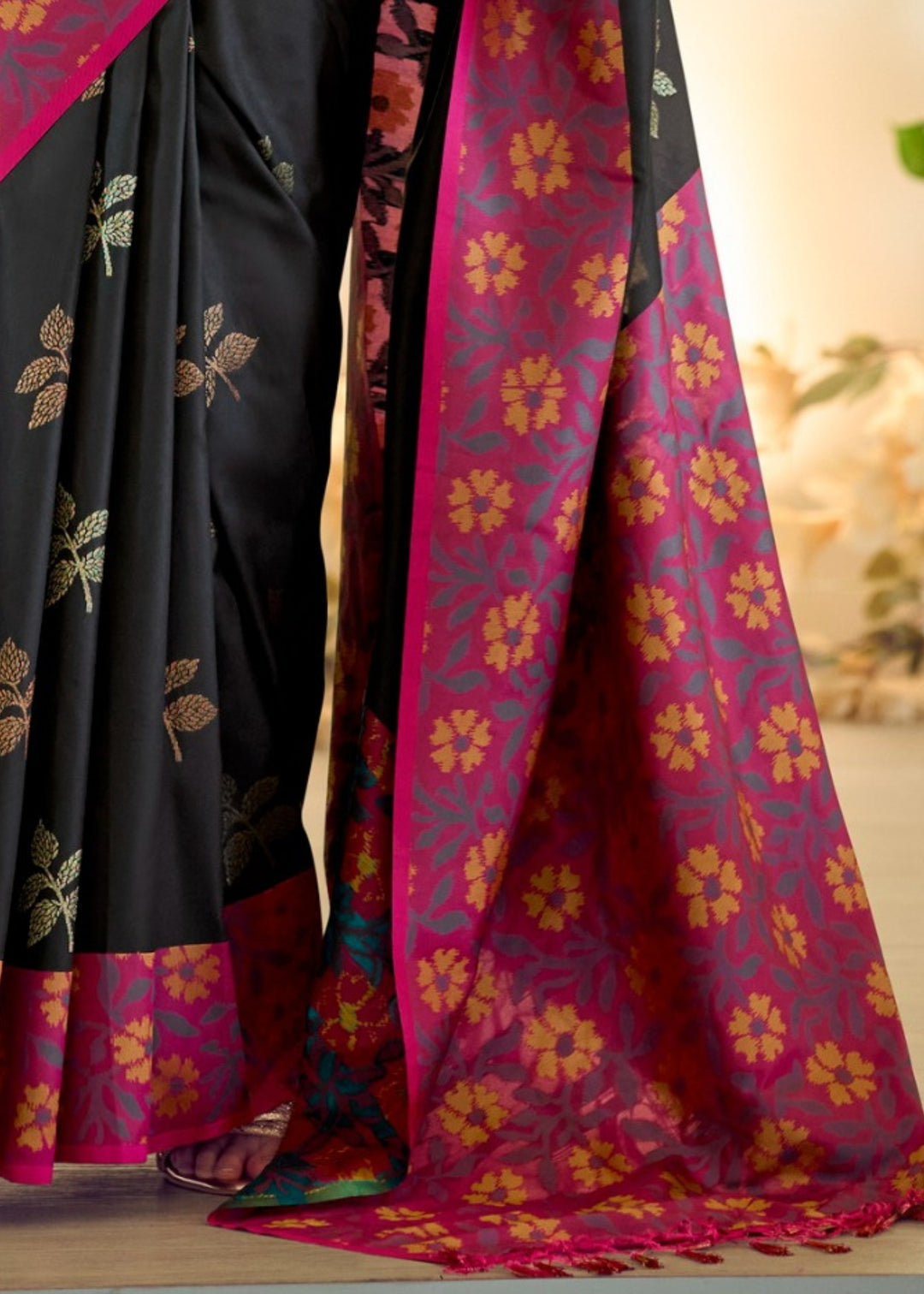 Sable Black Soft Silk Saree With Ikkat Border