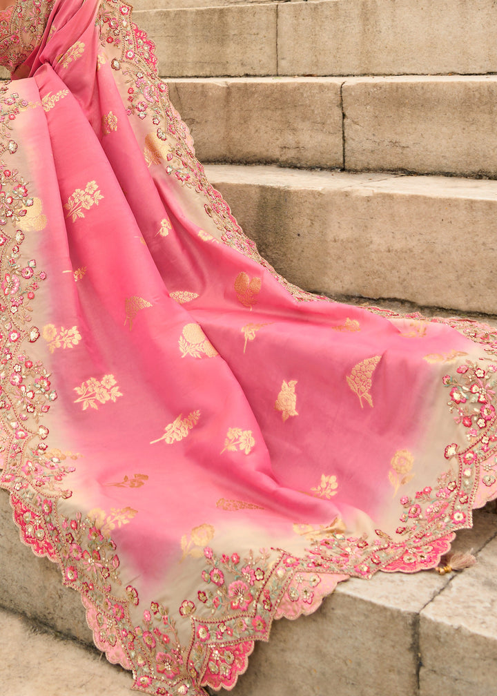 Blush Pink Viscose Tissue Silk Saree With Embroidery Cut Work Border And Sequence Work