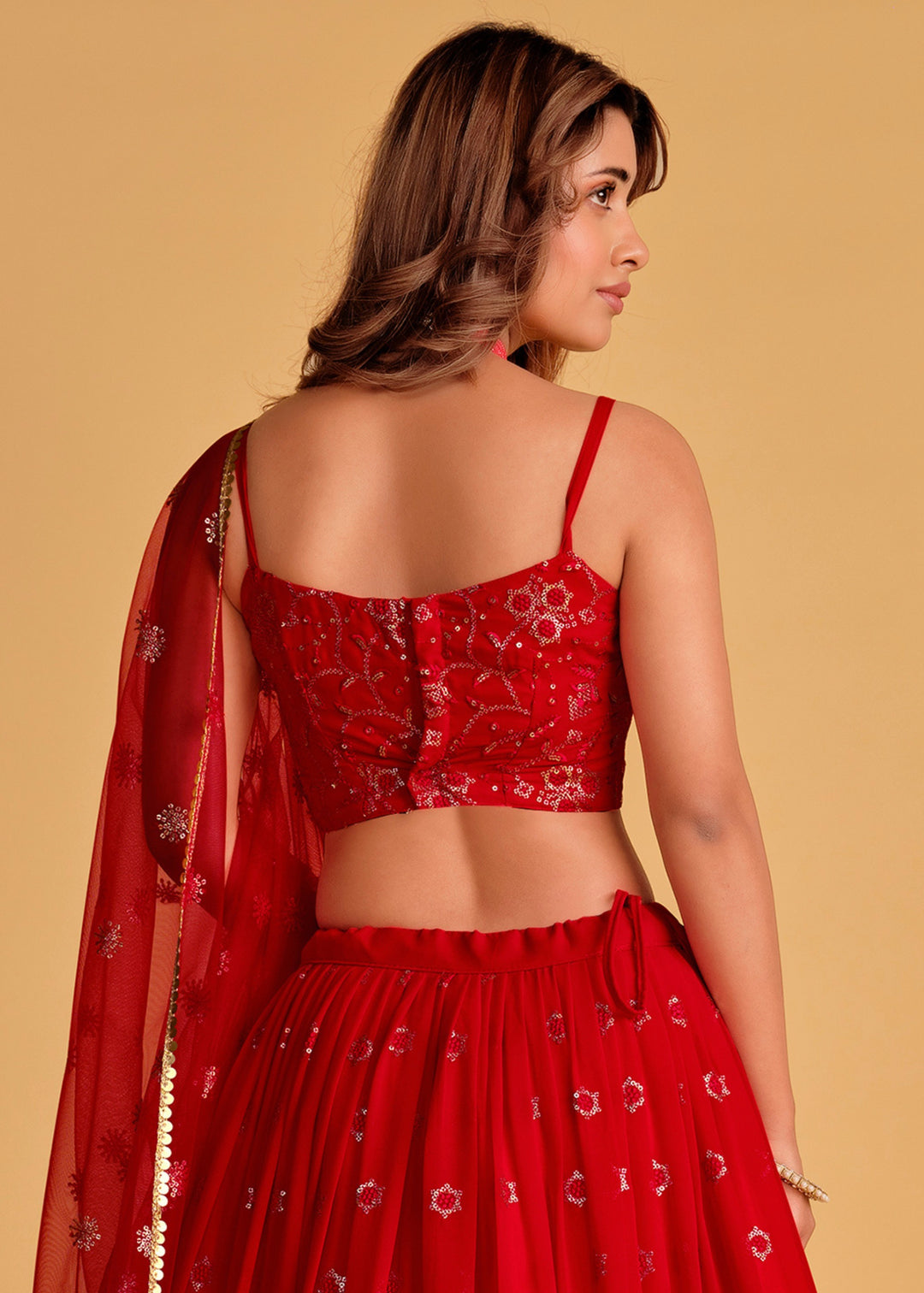 Crimson Red Georgette Lehenga Choli With Sequins Zari Embroidered Work