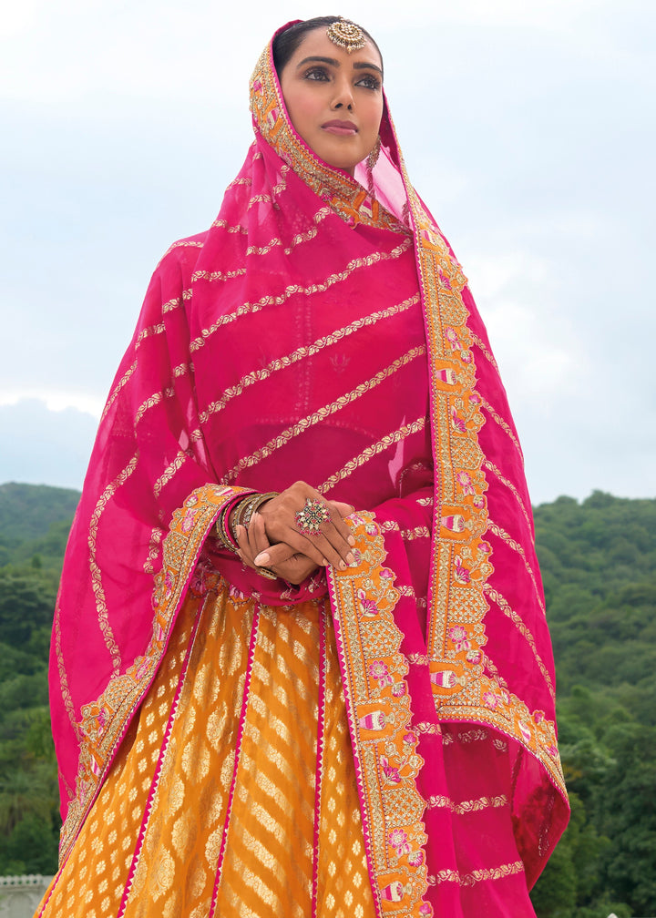 Bright Orange Banarasi Silk Lehenga With Heavy Embroidery Work