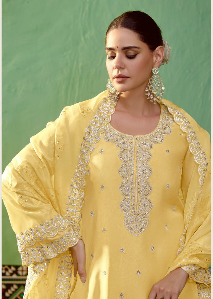 Yellow Pure Bamber Silk with Embroidery Salwar Suit