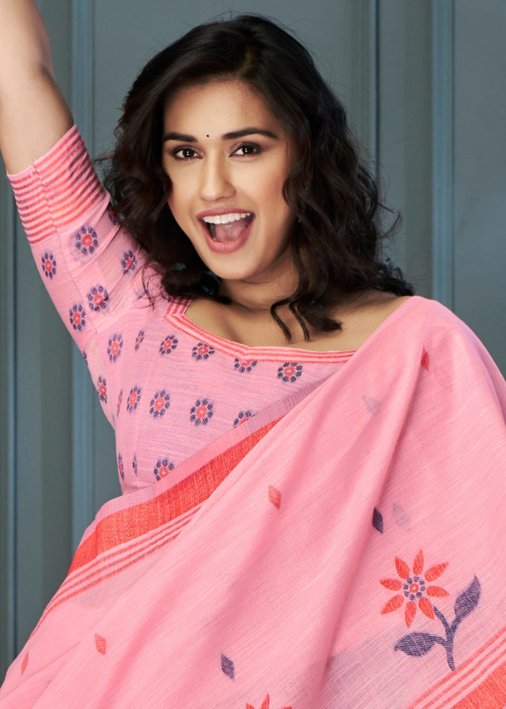 Soft Pink Handloom Linen Silk Saree with Beautiful Weaving