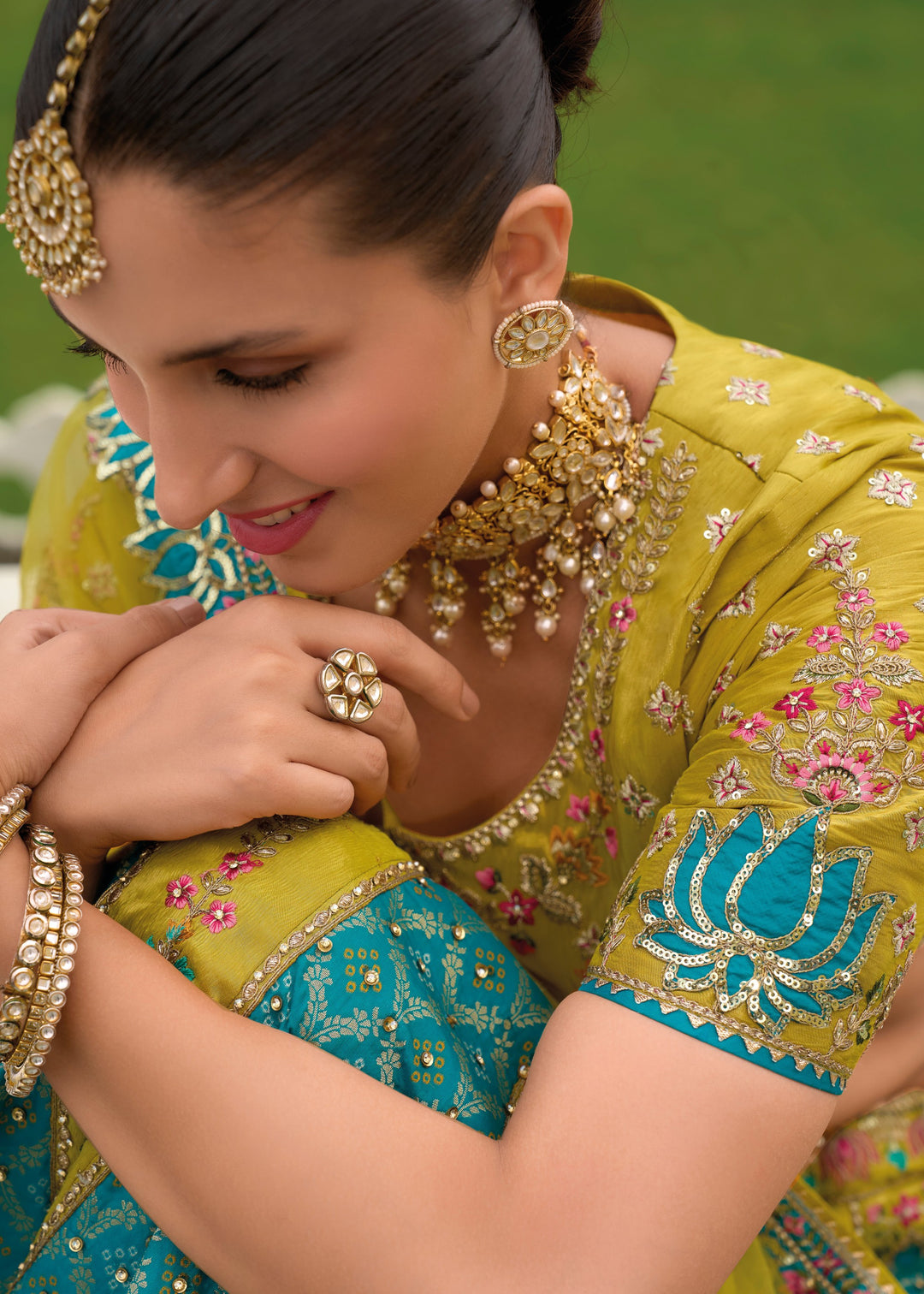 Pear Green Banarasi Silk Lehenga With Heavy Embroidery Work