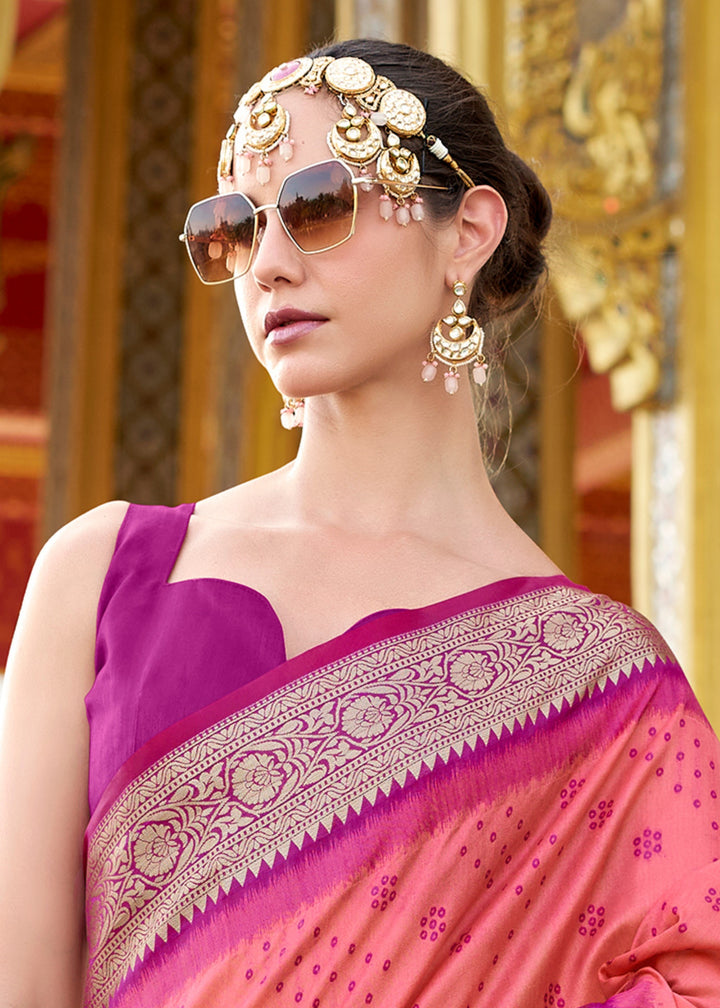 Brink PInk Tusser Handloom Silk Saree With Zari Weaving Border & Patola Weaved Pallu