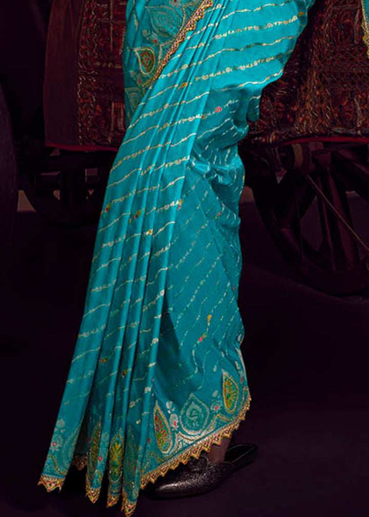 Cyan Blue Pure Viscose Dola Silk Saree With Handwork On Blouse And Pallu