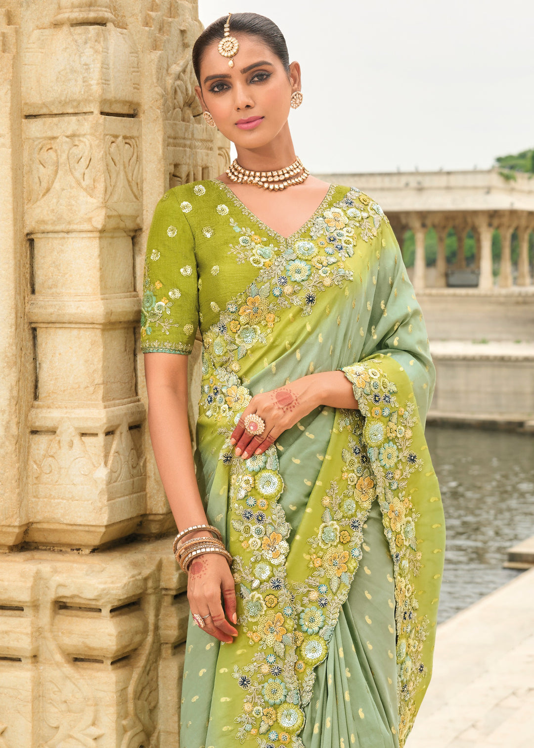 Pistachio Green Viscose Tissue Silk Saree With Embroidery Cut Work Border And Sequence Work