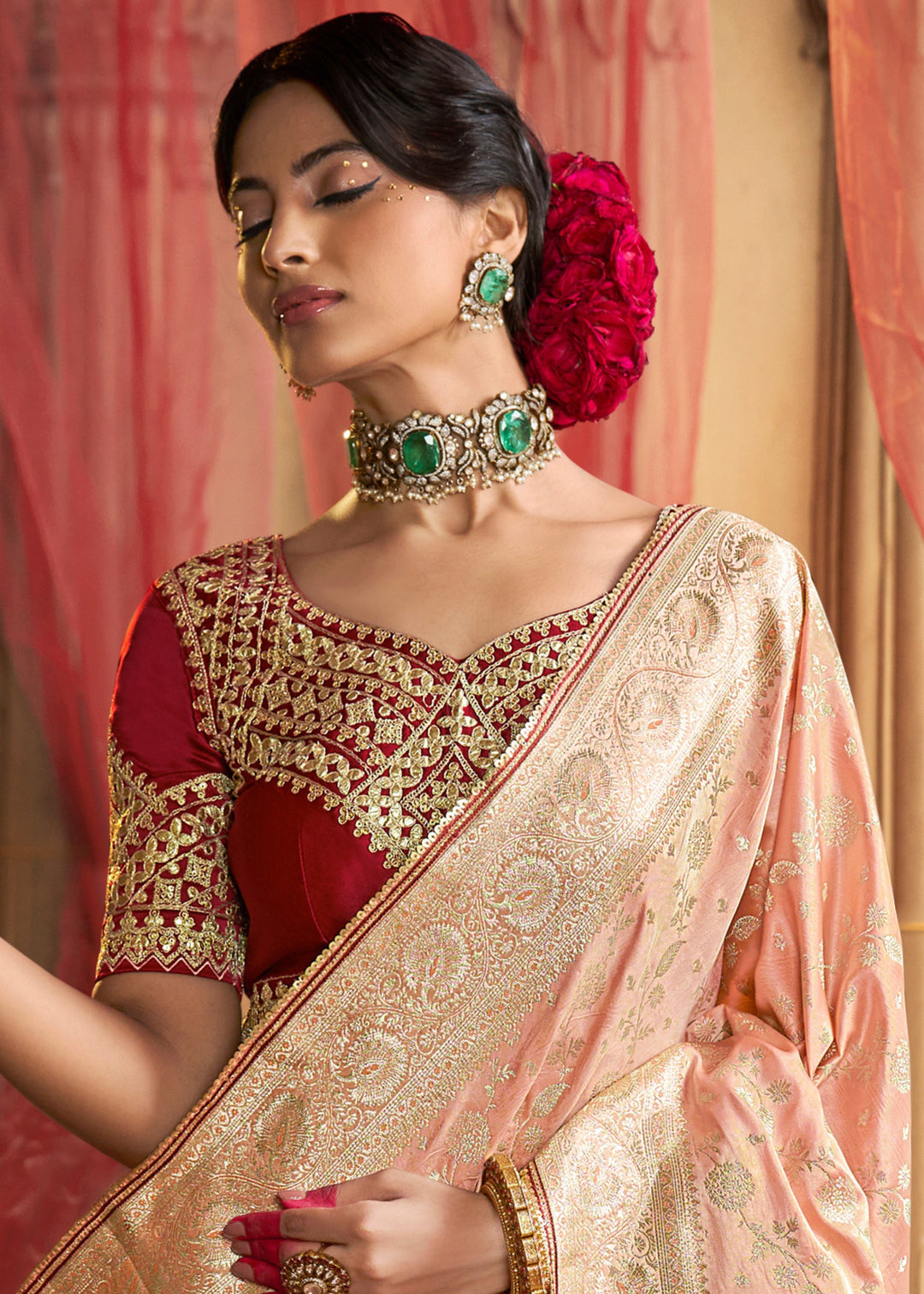 Peach Satin Silk Saree With Beautiful Lace Border And Heavy Designer Embroidered Blouse