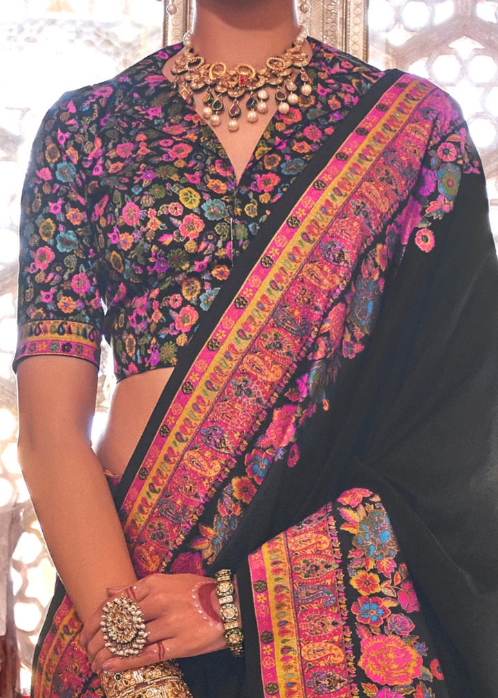 Coal Black Silk Saree With Luxury Print And Glory Finish