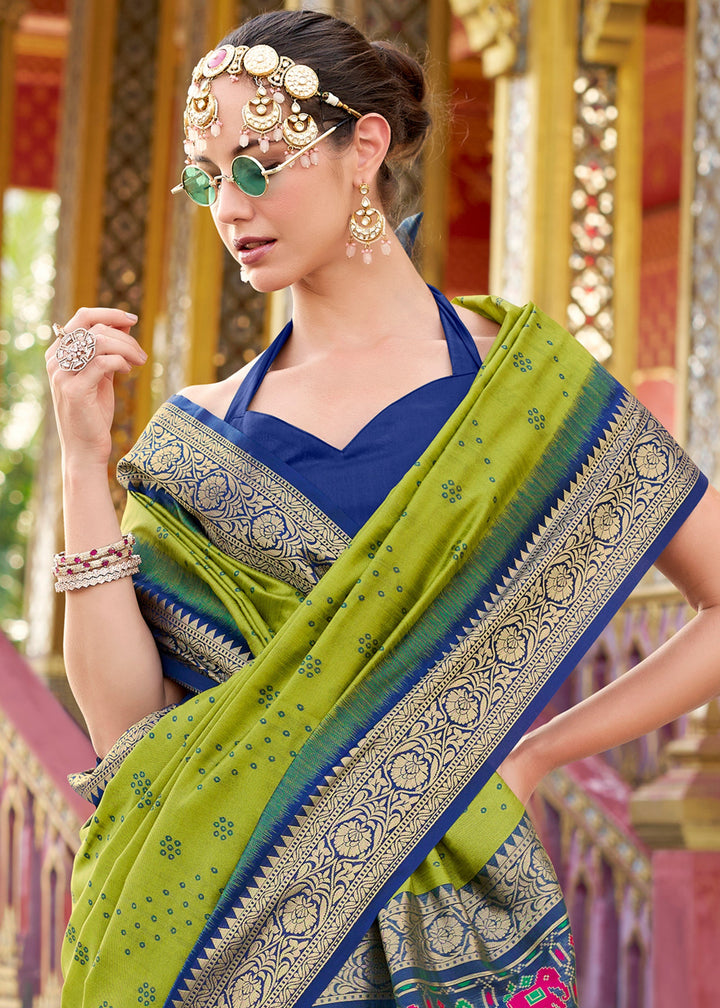 Pear Green Tusser Handloom Silk Saree With Zari Weaving Border & Patola Weaved Pallu