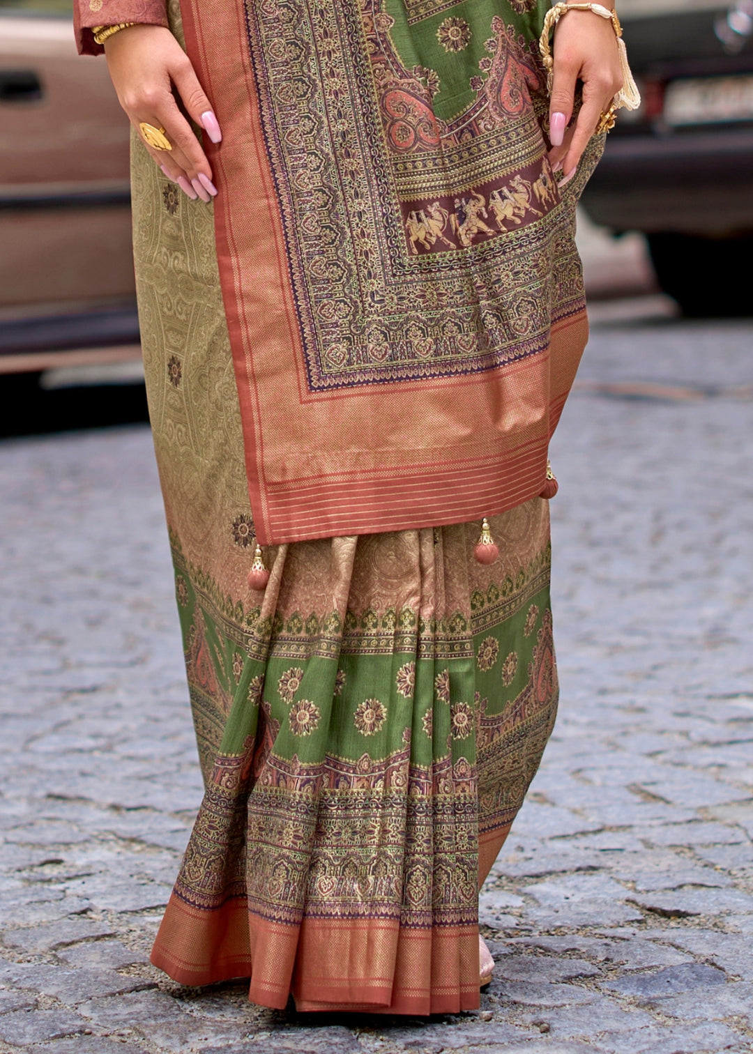 Moss Green Poly Viscose Silk Saree With Foil Print