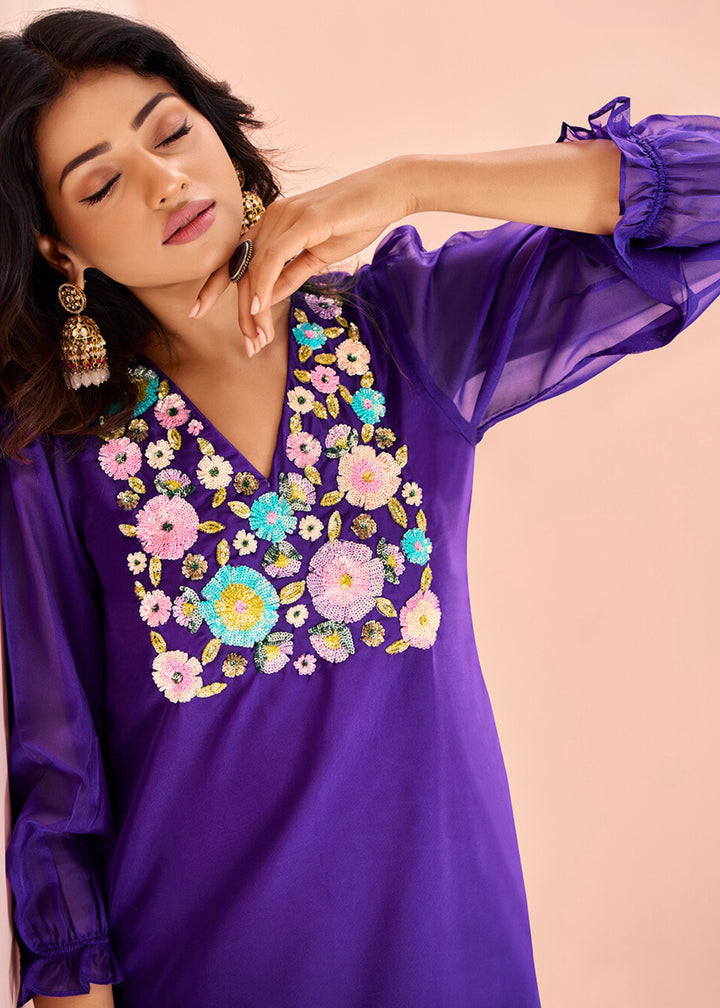 Vibrant Purple Organza Handwork Kurta with Pant