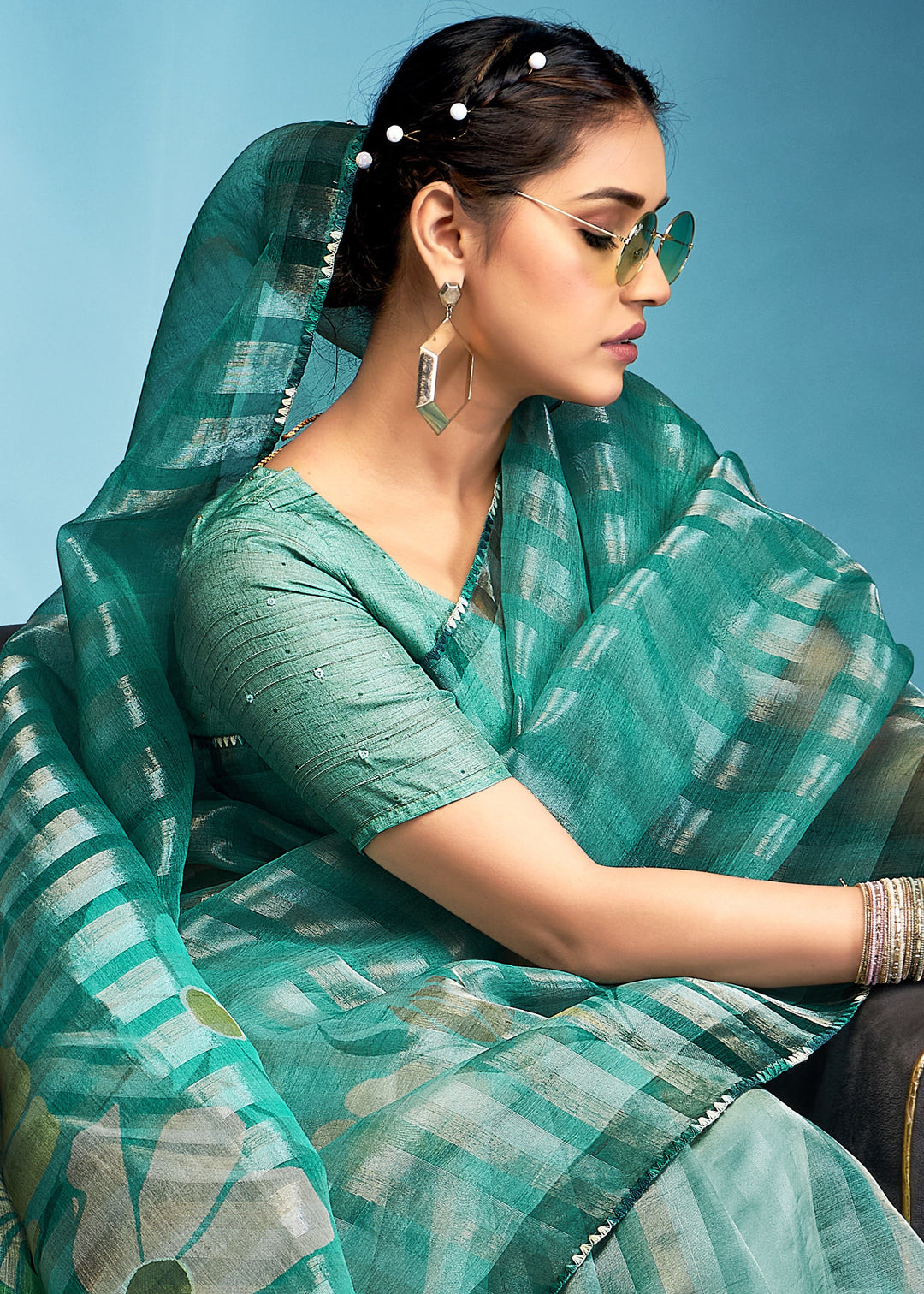 Jade Green Tissue Silk Saree With Floral Print