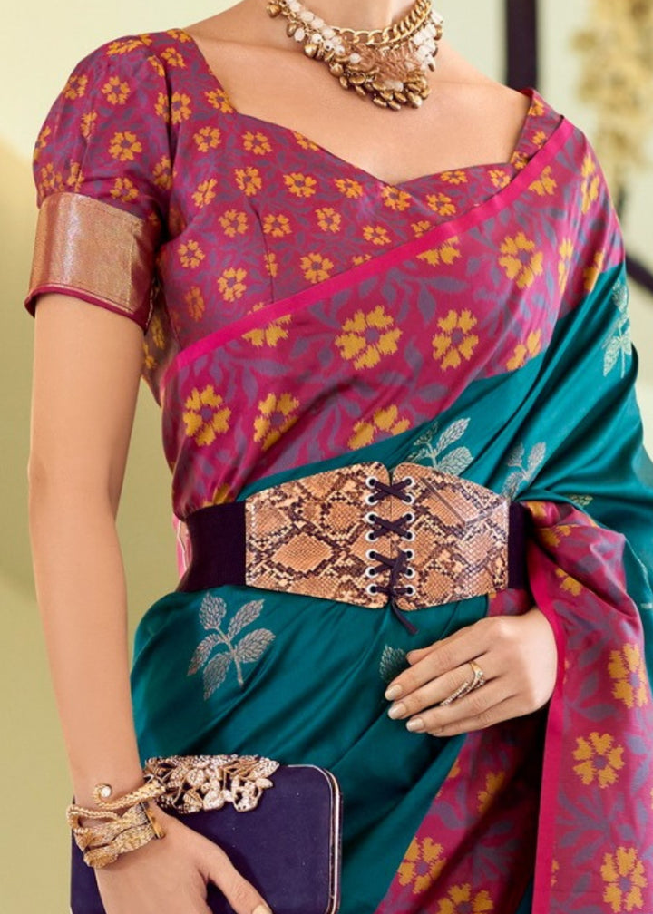 Teal Green Soft Silk Saree With Ikkat Border