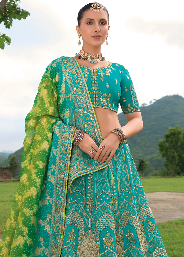 Teal Blue Banarasi Silk Lehenga With Heavy Embroidery Work