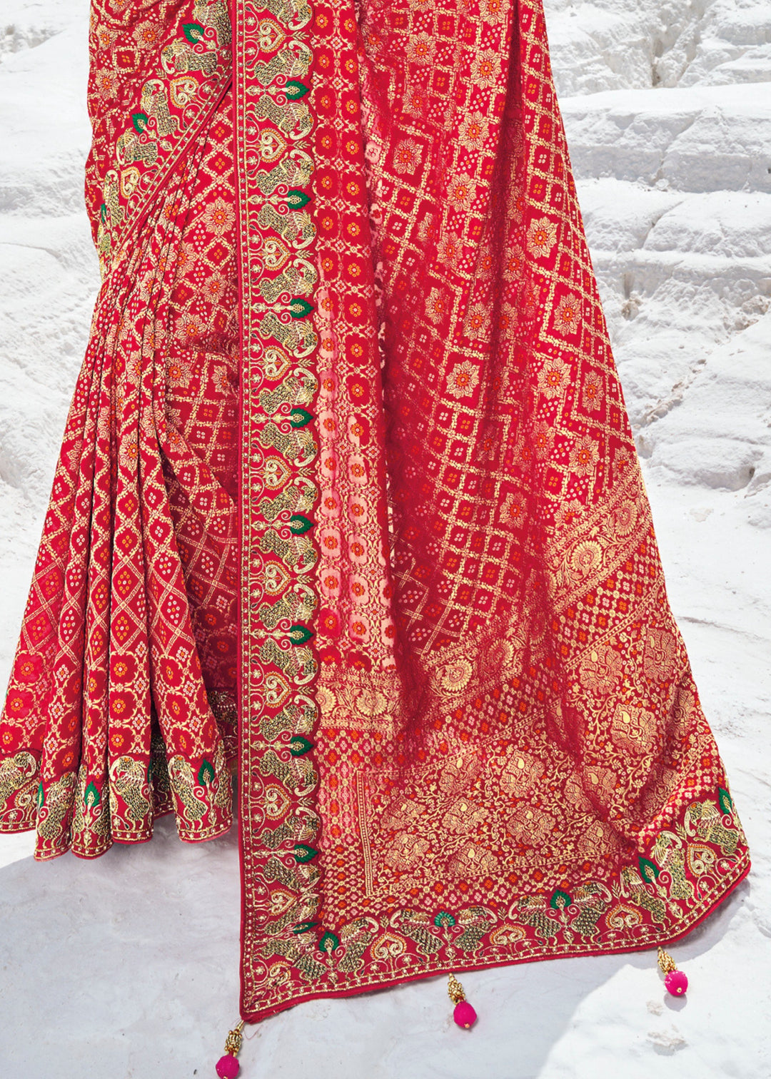 Crimson Red Pure Georgette Bandhani Patola With Zari Weaving Heavy Work Saree