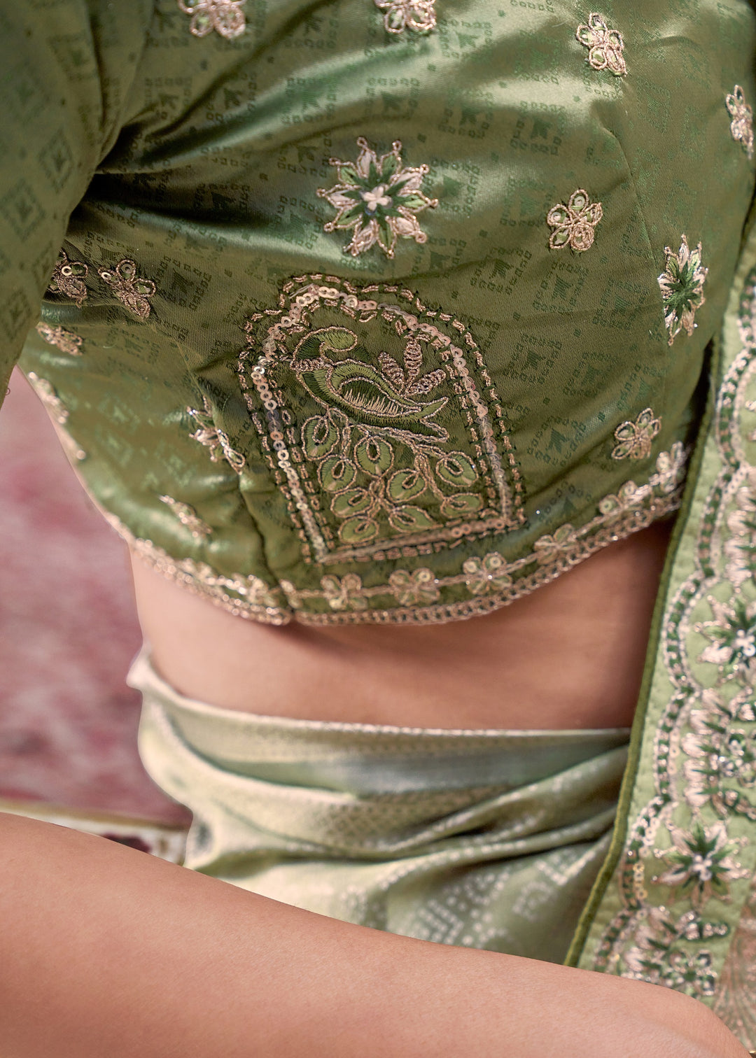 Sage Green Satin Silk Saree With Heavy Embroidery Lace & Blouse