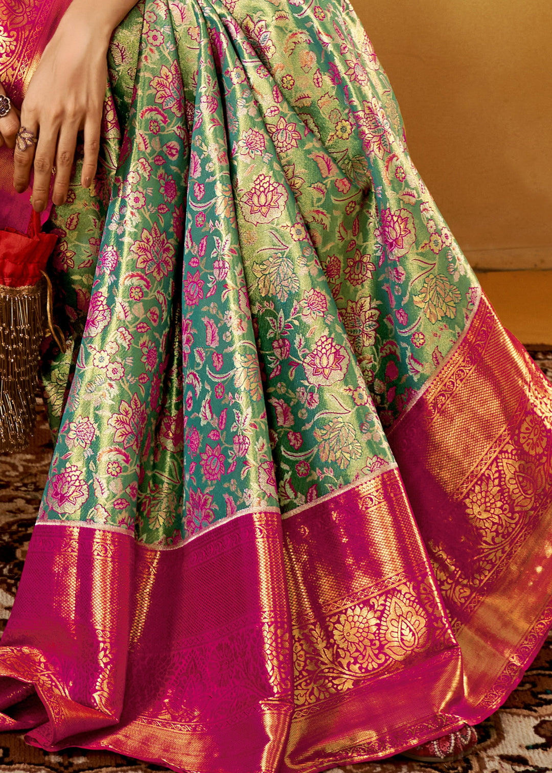 Pink and Green Handloom Dharamavaram Silk Saree