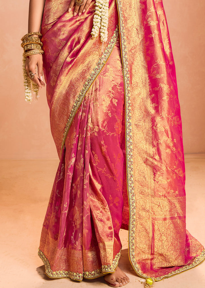 Rani Pink Zari Tissue Silk Saree With Weaving Work And Heavy Embroidery Lace