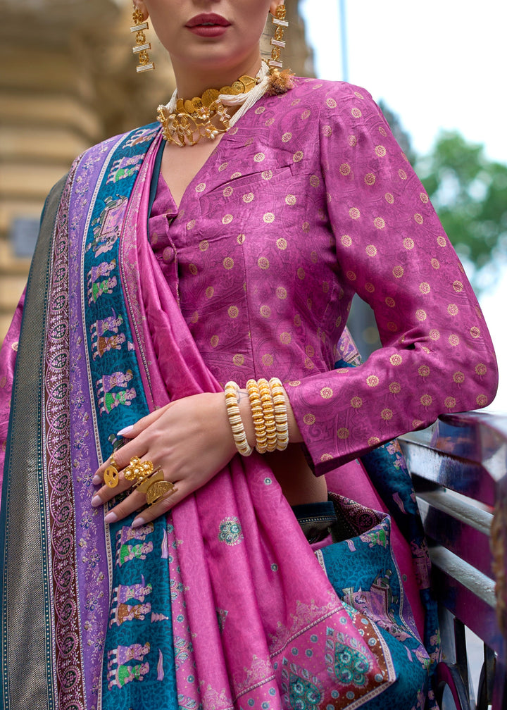 Shocking Pink Poly Viscose Silk Saree With Foil Print