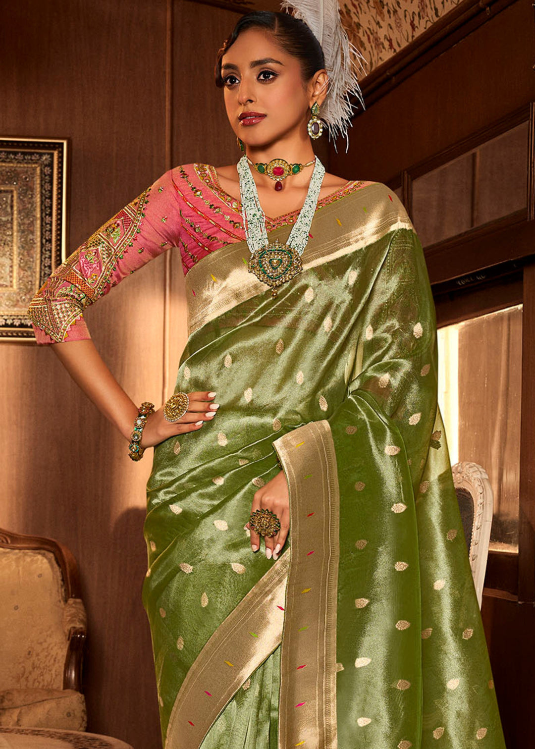 Pear Green Pure Tissue Paithani Silk Saree with Heavy Designer Embroidered Blouse