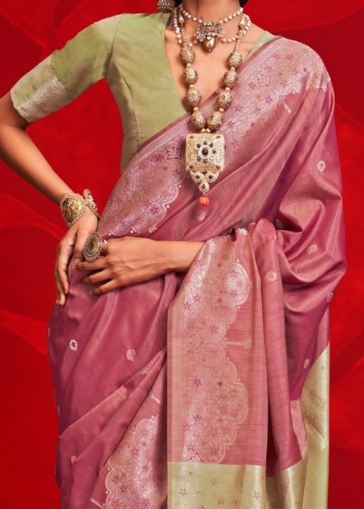 Dull Pink Tussar Silk Handloom Weaving Saree with Contrast Ikkat Pallu