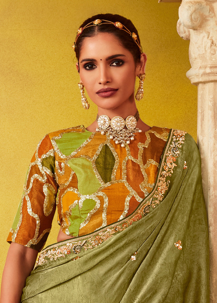 Olive Green Glass Tissue Silk Saree With Sequins And Thread Embroidered Work