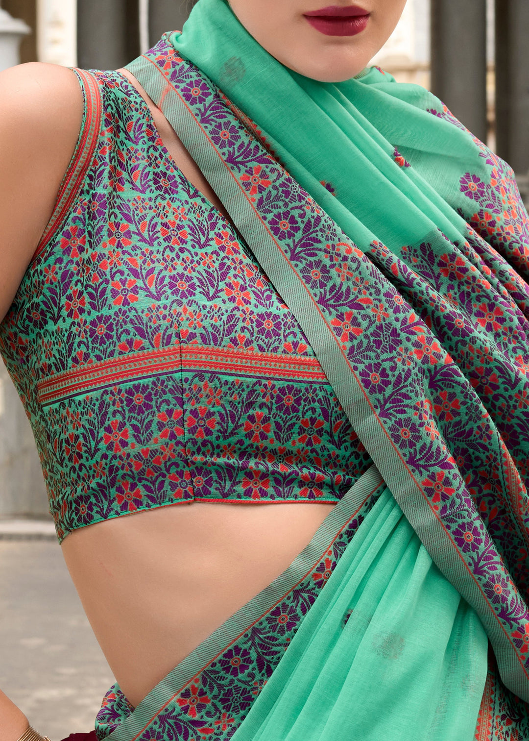 Mint Green Soft Linen Cotton Silk Saree