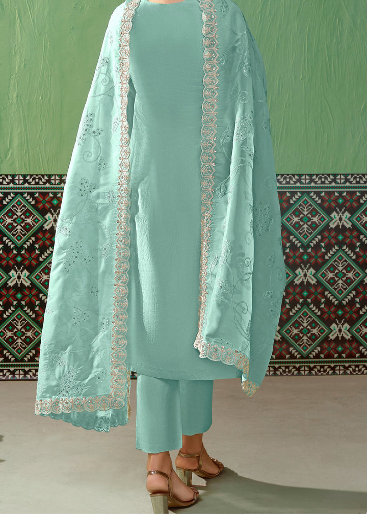 Blue Pure Bamber Silk with Embroidery Salwar Suit